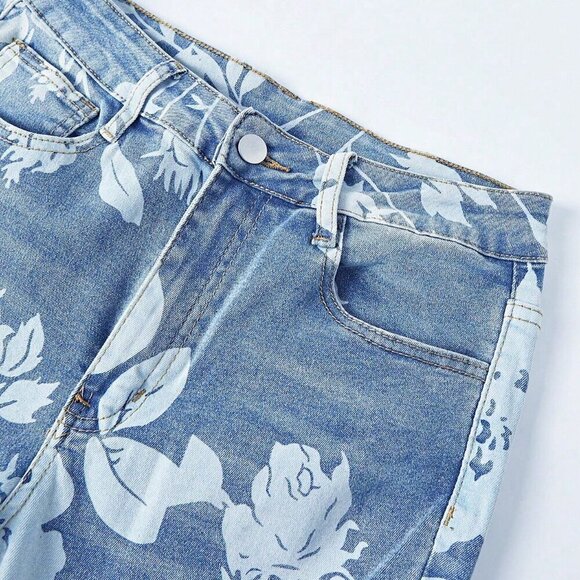 Light Wash Casual Women's Floral Printed Bootcut High Waisted Stretch Jeans - Picture 6 of 6